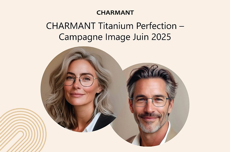 Visuels de campagne générés par IA représentant une femme et un homme portant des lunettes CHARMANT Titanium Perfection.